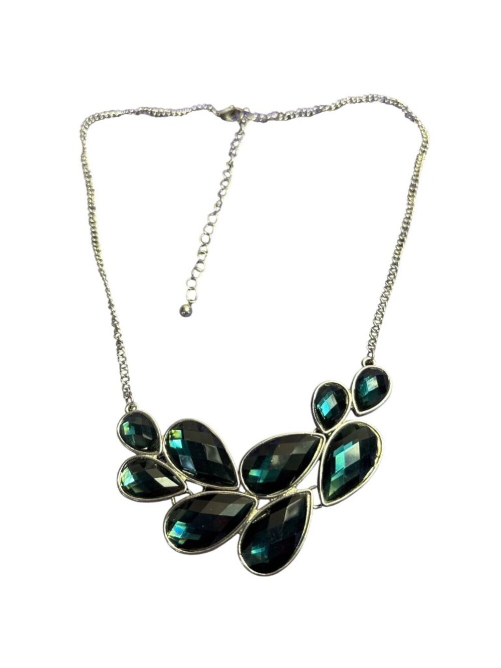 Faceted Dark Green Rhinestone Teardrops Necklace Silvertone Lobster Clasp